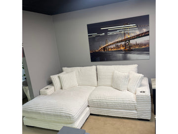 Lindyn II Ivory Jumbo Corduroy 2pc Reversible Sectional Sofa w/ Dual Cupholders & USB Ports - Ornate Home