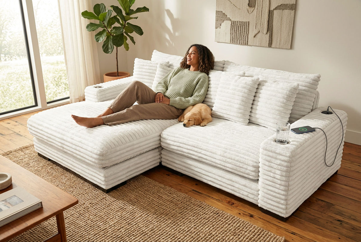 Lindyn II Ivory Jumbo Corduroy 2pc Reversible Sectional Sofa w/ Dual Cupholders & USB Ports - Ornate Home