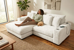 Lindyn II Ivory Jumbo Corduroy 2pc Reversible Sectional Sofa w/ Dual Cupholders & USB Ports - Ornate Home