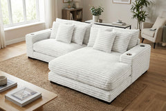 Lindyn II Ivory Jumbo Corduroy 2pc Reversible Sectional Sofa w/ Dual Cupholders & USB Ports - Ornate Home