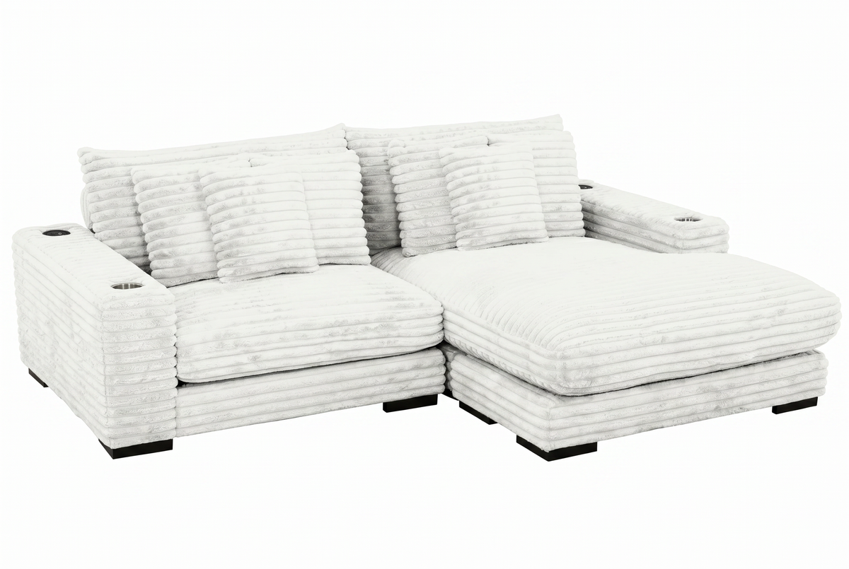 Lindyn II Ivory Jumbo Corduroy 2pc Reversible Sectional Sofa w/ Dual Cupholders & USB Ports - Ornate Home