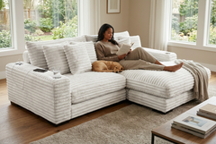 Lindyn II Ivory Jumbo Corduroy 2pc Reversible Sectional Sofa w/ Dual Cupholders & USB Ports - Ornate Home