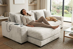 Lindyn II Ivory Jumbo Corduroy 2pc Reversible Sectional Sofa w/ Dual Cupholders & USB Ports - Ornate Home