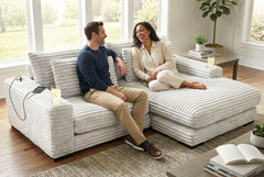 Lindyn II Ivory Jumbo Corduroy 2pc Reversible Sectional Sofa w/ Dual Cupholders & USB Ports - Ornate Home
