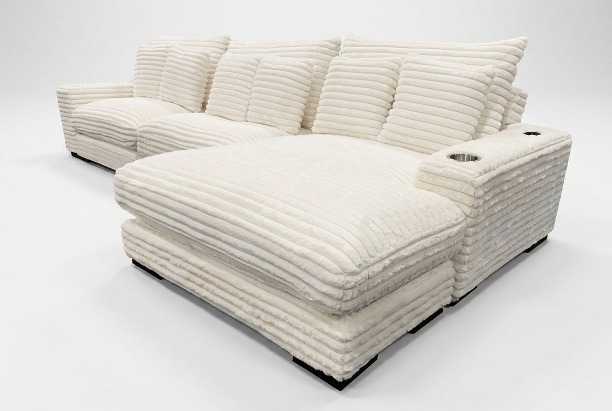 Lindyn II Ivory Jumbo Corduroy 3pc Reversible Sectional Sofa w/ Dual Cupholders & USB Ports - Ornate Home