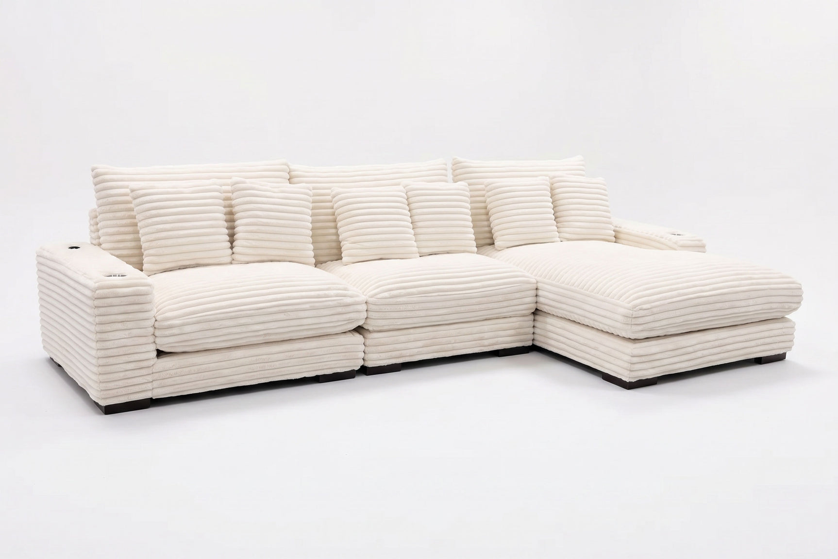 Lindyn II Ivory Jumbo Corduroy 3pc Reversible Sectional Sofa w/ Dual Cupholders & USB Ports - Ornate Home