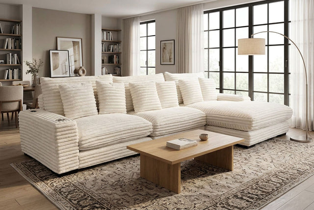Lindyn II Ivory Jumbo Corduroy 3pc Reversible Sectional Sofa w/ Dual Cupholders & USB Ports - Ornate Home