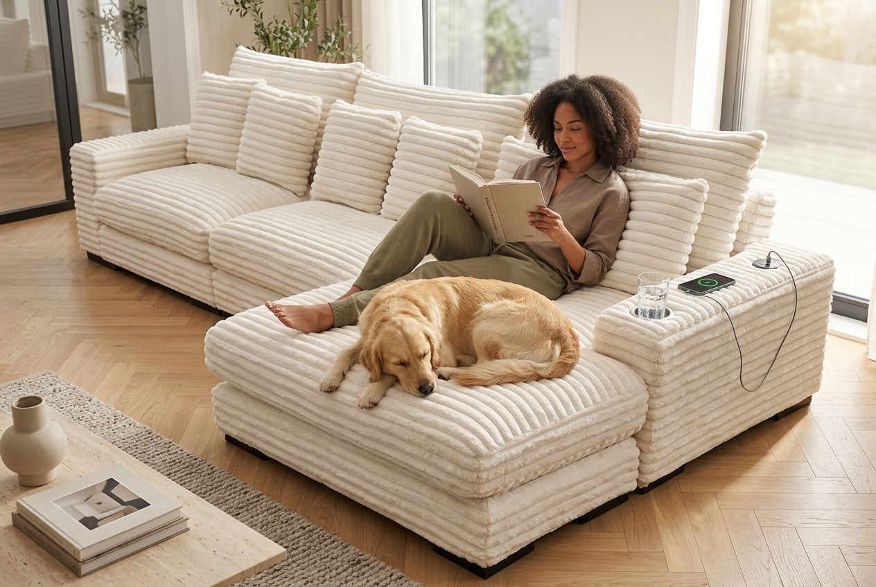 Lindyn II Ivory Jumbo Corduroy 3pc Reversible Sectional Sofa w/ Dual Cupholders & USB Ports - Ornate Home