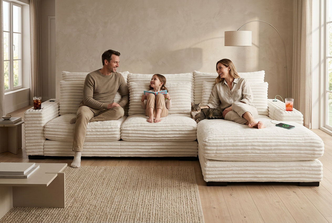 Lindyn II Ivory Jumbo Corduroy 3pc Reversible Sectional Sofa w/ Dual Cupholders & USB Ports - Ornate Home