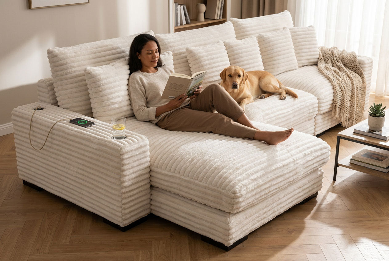 Lindyn II Ivory Jumbo Corduroy 3pc Reversible Sectional Sofa w/ Dual Cupholders & USB Ports - Ornate Home