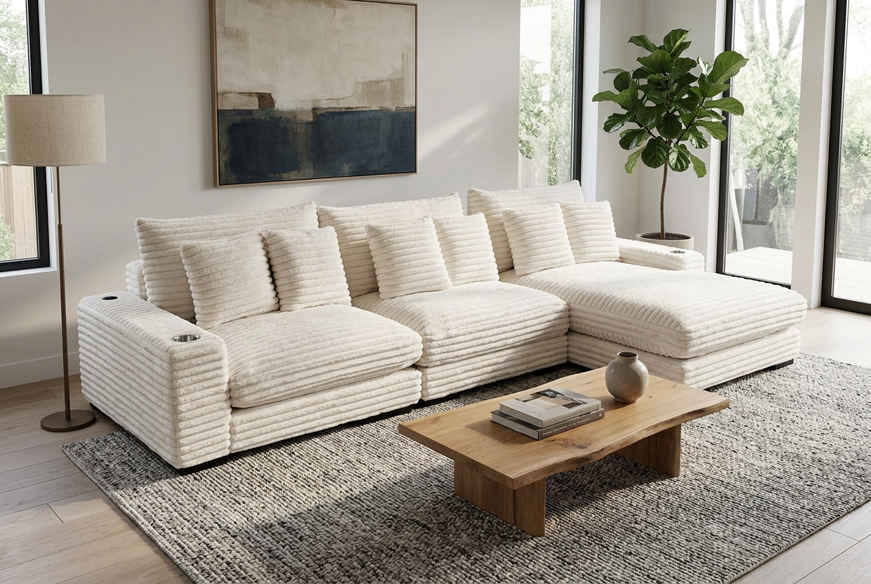 Lindyn II Ivory Jumbo Corduroy 3pc Reversible Sectional Sofa w/ Dual Cupholders & USB Ports - Ornate Home