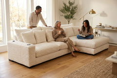 Lindyn II Ivory Jumbo Corduroy 3pc Reversible Sectional Sofa w/ Dual Cupholders & USB Ports - Ornate Home