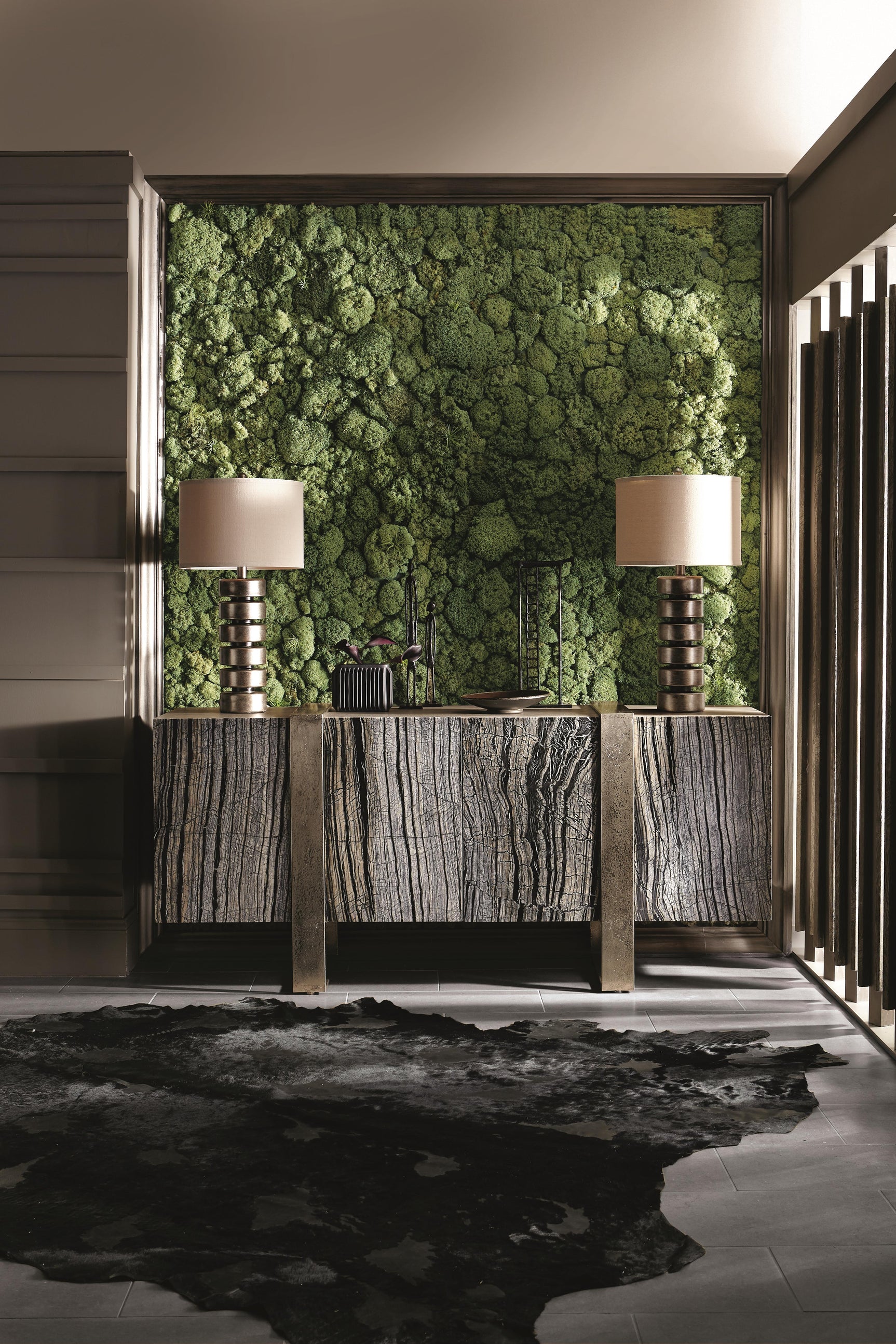 Linea Textured Graphite/Black Forest Marble/Cerused Greige Entertainment Credenza - Ornate Home