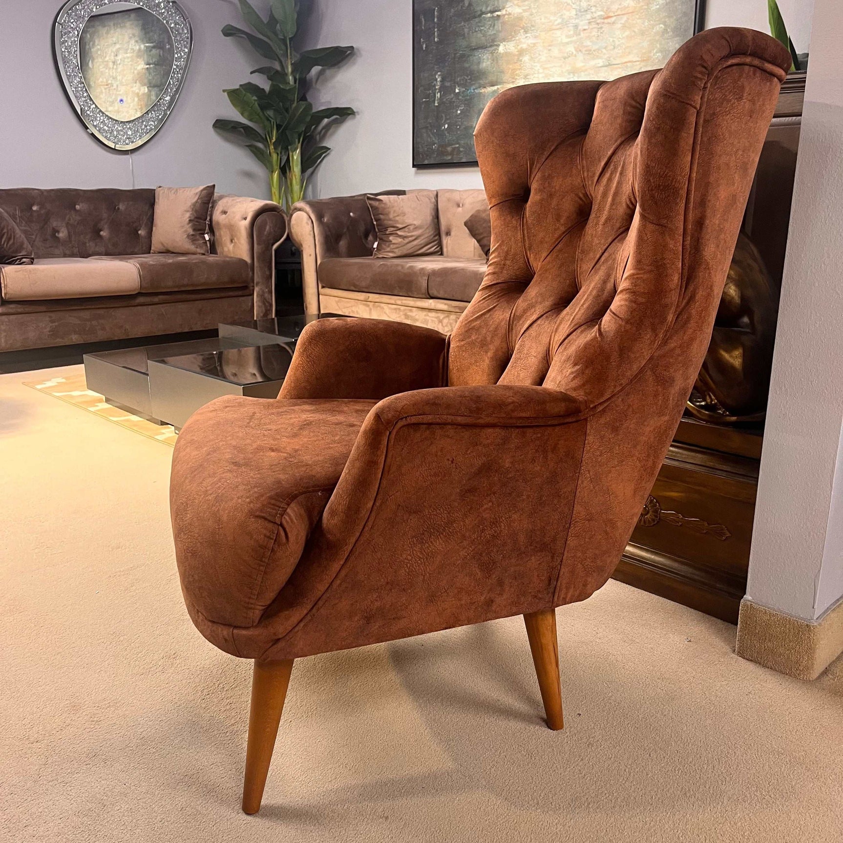 Lion Brown Button Tufted Velvet Accent Chair - Ornate Home