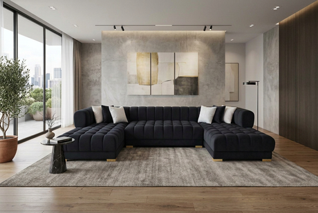 Lipa Black Velvet Double Chaise "U" Shape Sectional Sofa - Ornate Home