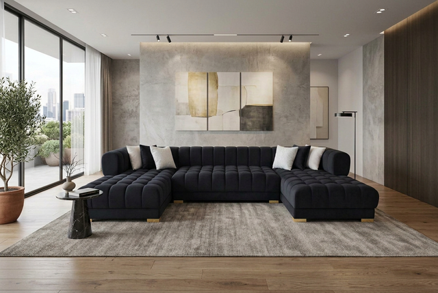 Lipa Black Velvet Double Chaise "U" Shape Sectional Sofa - Ornate Home