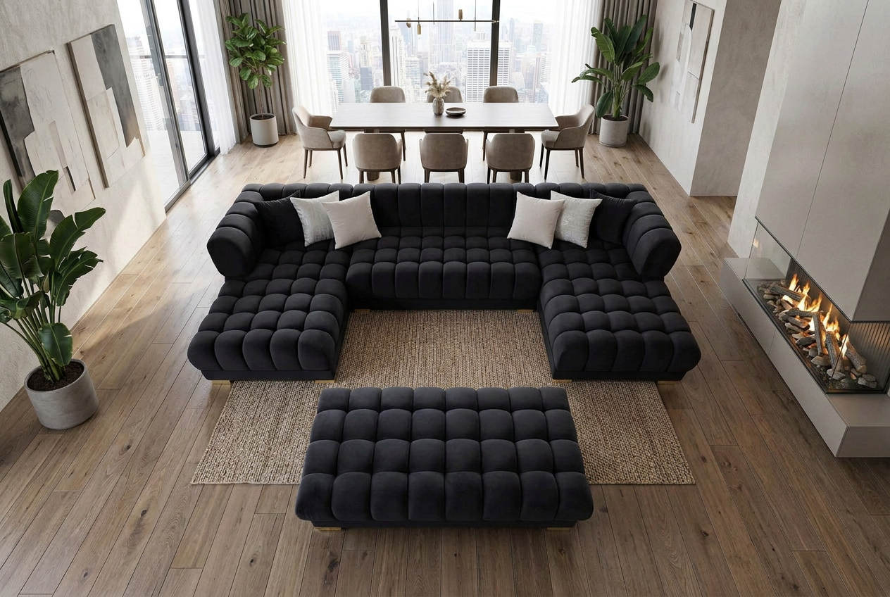 Lipa Black Velvet Double Chaise "U" Shape Sectional Sofa - Ornate Home