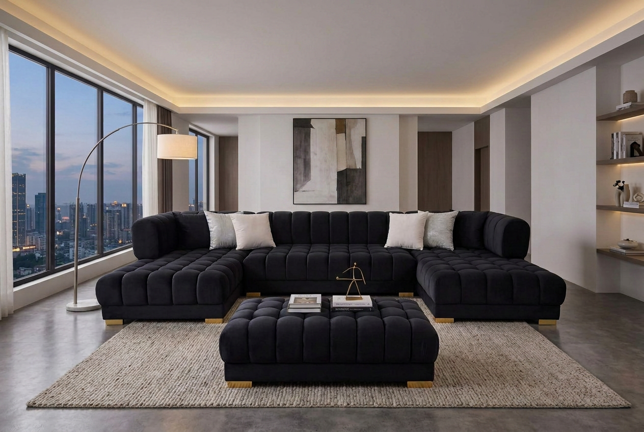 Lipa Black Velvet Double Chaise "U" Shape Sectional Sofa - Ornate Home