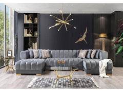 Lipa Gray Velvet Double Chaise "U" Shape Sectional Sofa - Ornate Home