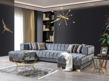 Lipa Gray Velvet Double Chaise "U" Shape Sectional Sofa - Ornate Home