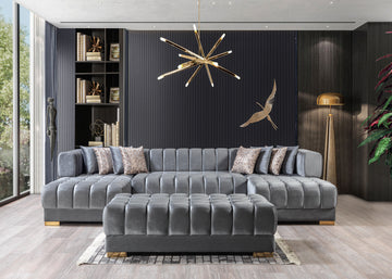 Lipa Gray Velvet Double Chaise "U" Shape Sectional Sofa - Ornate Home