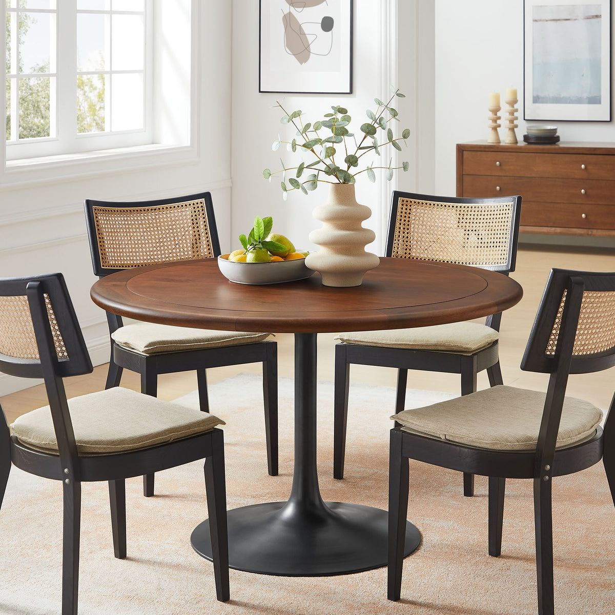 Lippa Black/Walnut 48" Round Pedestal Solid Wood Dining Table - Ornate Home