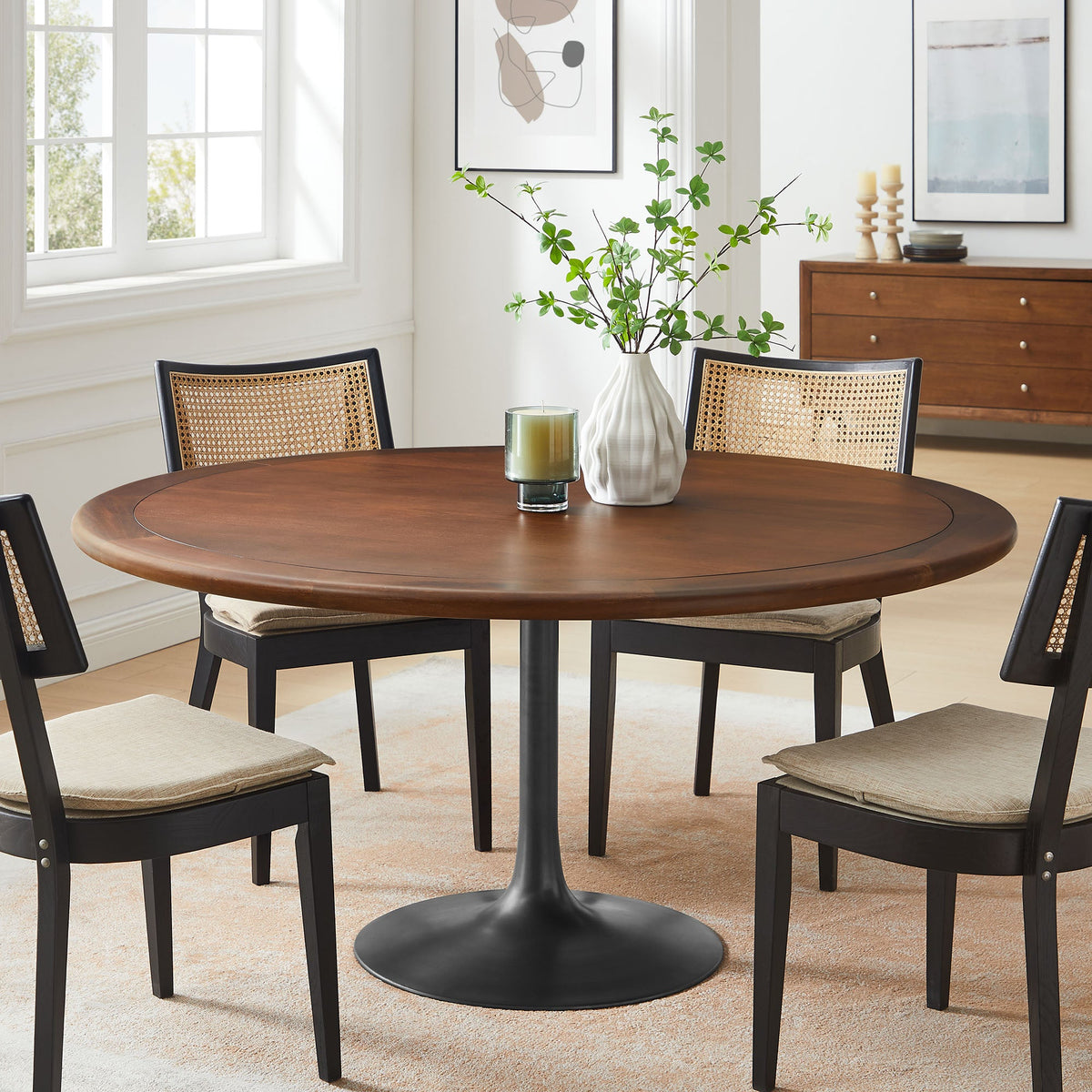 Lippa Black/Walnut 60" Round Pedestal Solid Wood Dining Table - Ornate Home