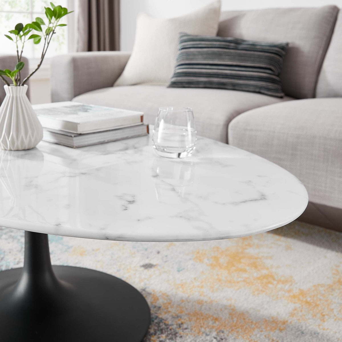 Lippa Black/White 48" Oval Faux Marble Coffee Table - Ornate Home