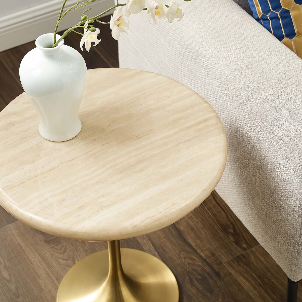 Lippa Gold 20" Round Faux Travertine Side Table - Ornate Home