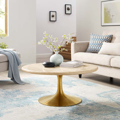Lippa Gold 36" Round Faux Travertine Coffee Table - Ornate Home