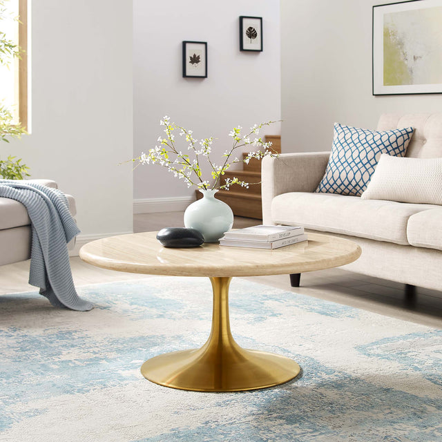 Lippa Gold 36" Round Faux Travertine Coffee Table - Ornate Home
