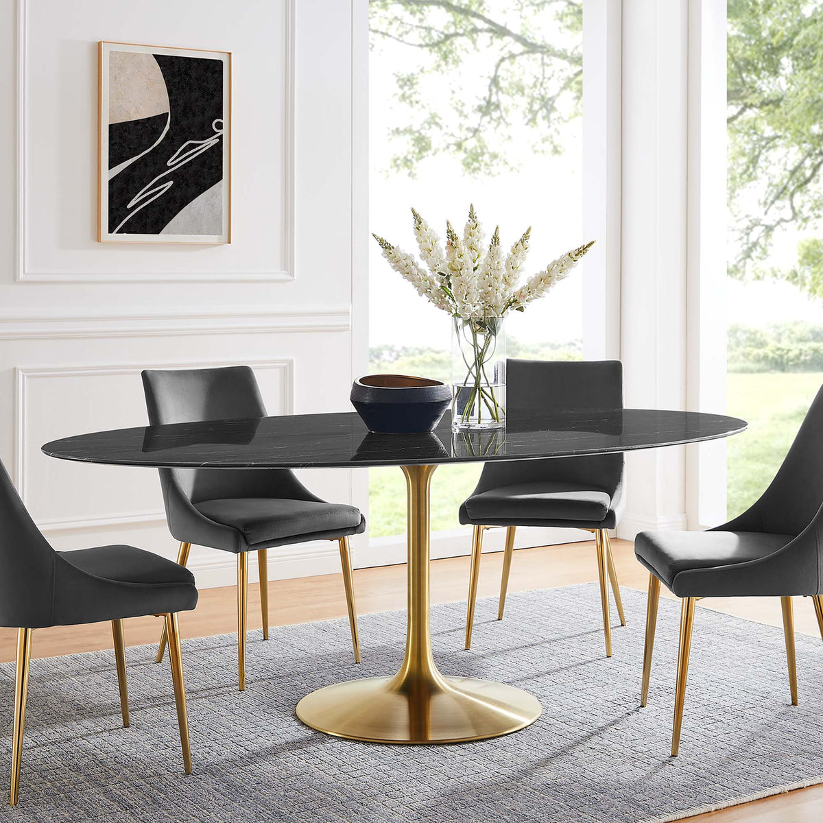 Lippa Gold/Black 78" Oval Faux Marble Dining Table - Ornate Home