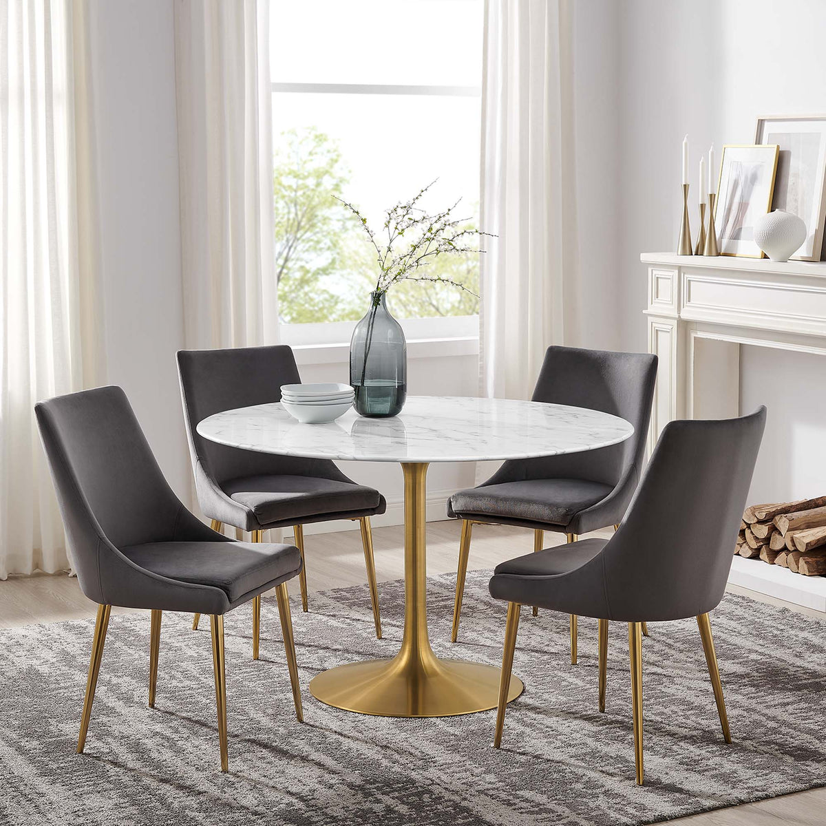 Lippa Gold/White 48" Round Faux Marble Dining Table - Ornate Home
