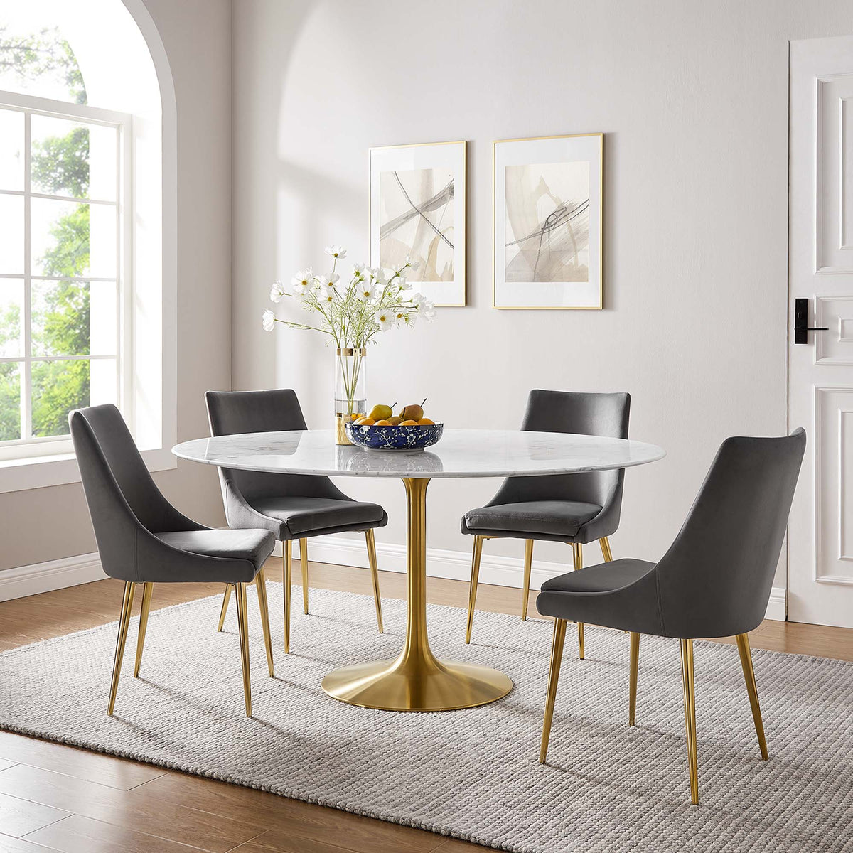 Lippa Gold/White 60" Round Faux Marble Dining Table - Ornate Home