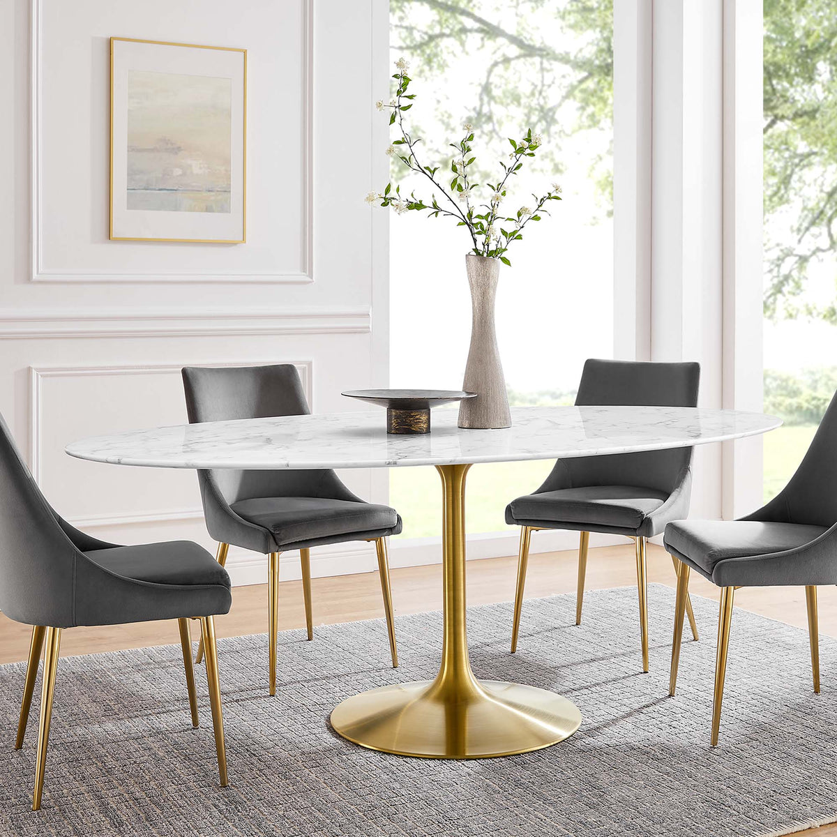 Lippa Gold/White 78" Oval Faux Marble Dining Table - Ornate Home