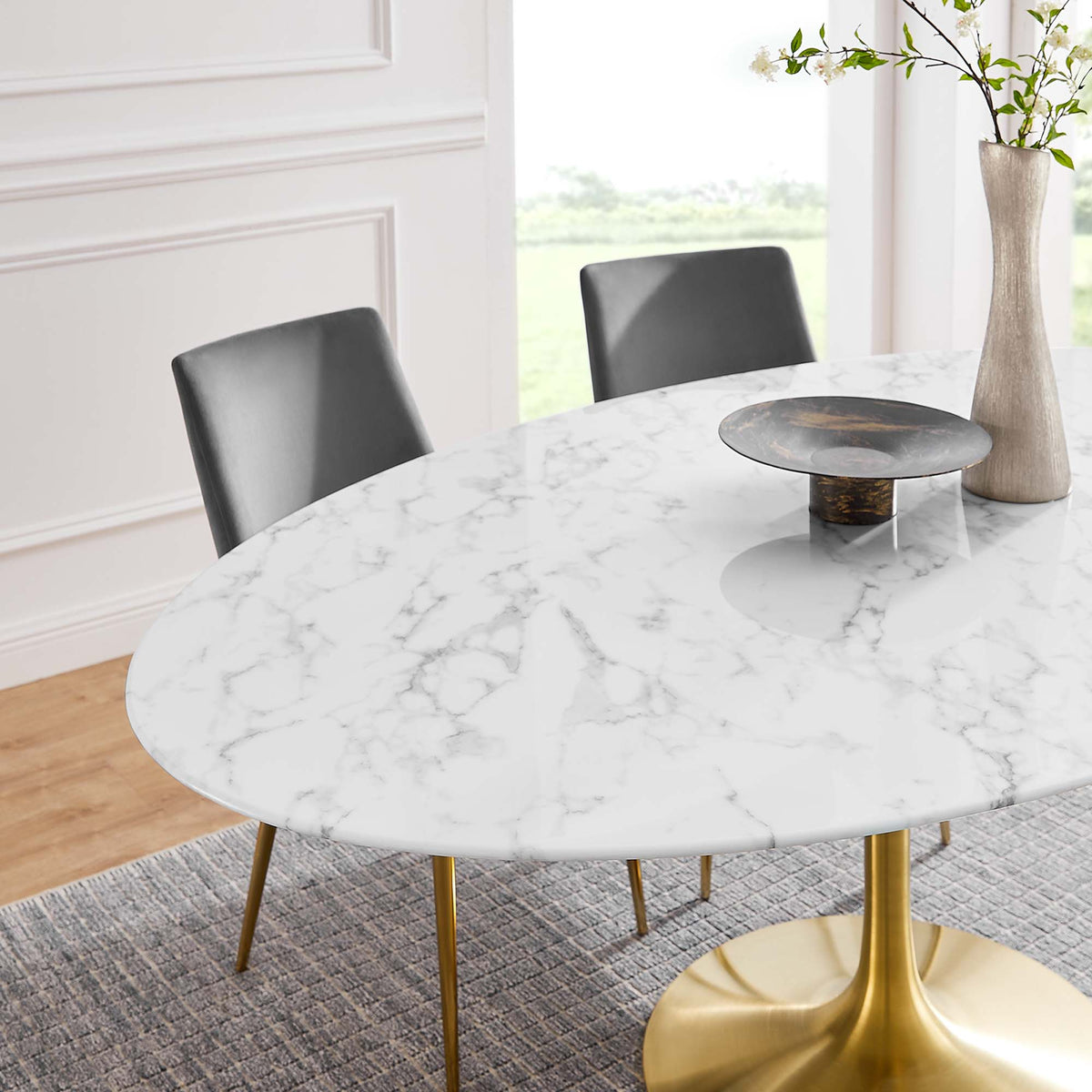 Lippa Gold/White 78" Oval Faux Marble Dining Table - Ornate Home