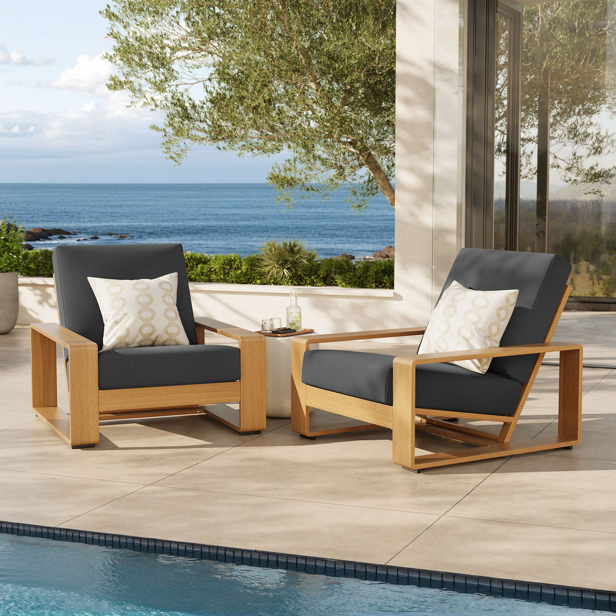 Lirienne Charcoal/Natural Outdoor Patio Aluminum Faux Wood Armchairs (Set of 2) - Ornate Home
