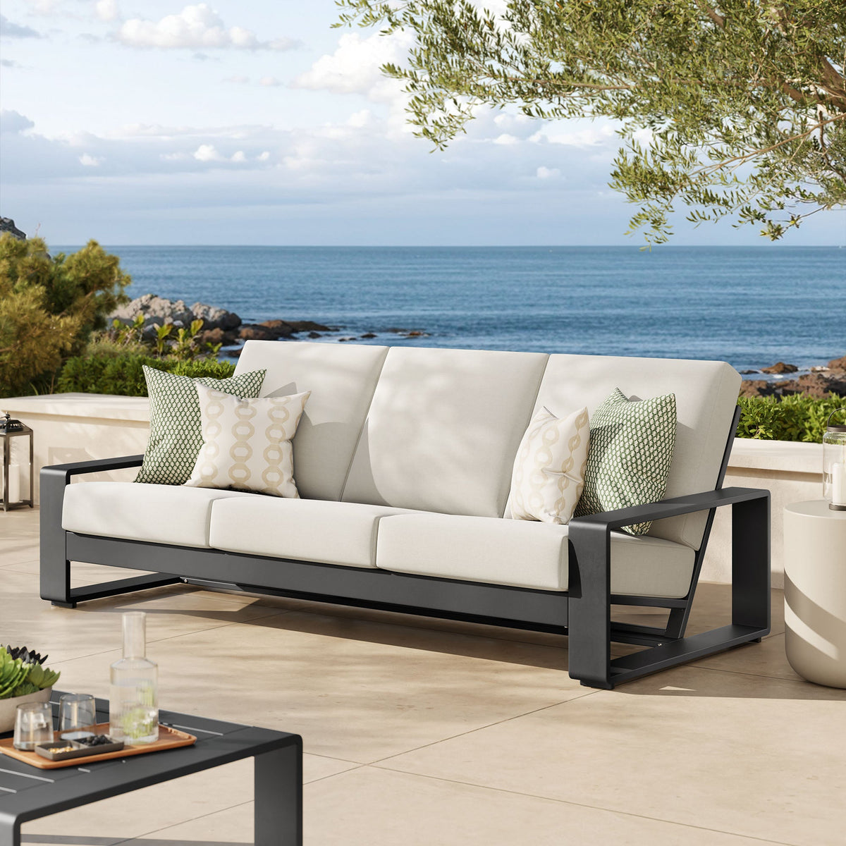 Lirienne Cream/Gray Outdoor Patio Aluminum Sofa - Ornate Home