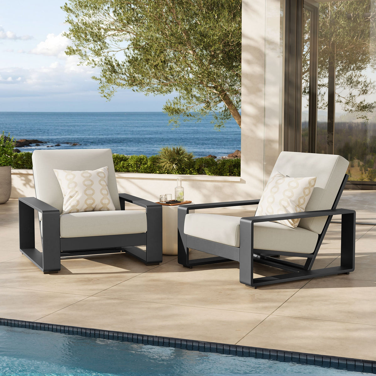Lirienne Cream Outdoor Patio Aluminum Faux Wood Armchairs (Set of 2) - Ornate Home