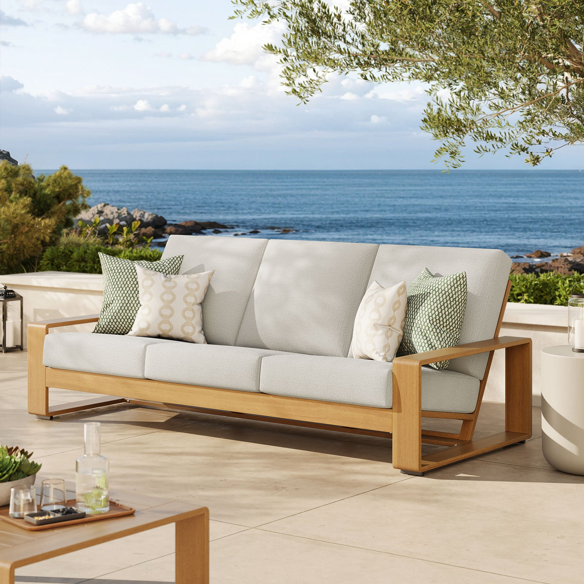 Lirienne Ivory/Natural Outdoor Patio Aluminum Faux Wood Sofa - Ornate Home