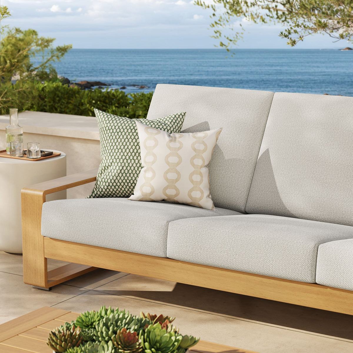 Lirienne Ivory/Natural Outdoor Patio Aluminum Faux Wood Sofa - Ornate Home
