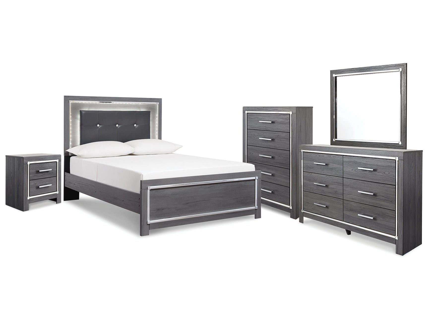 Lodanna Gray Full Panel Bedroom Set with Dresser, Mirror, Chest and Nightstand - Ornate Home