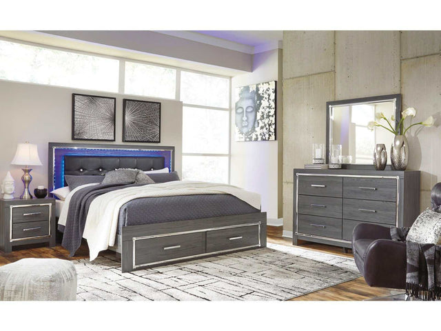 Lodanna Gray King Panel Bed w/ LED & Storage FB Bedroom Set / 4pc (Online Special Price) - Ornate Home