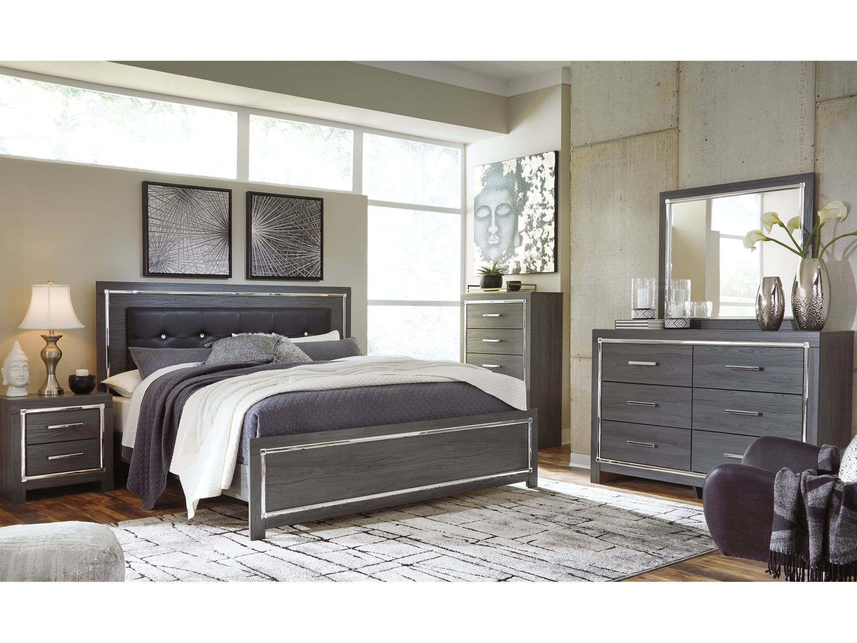 Lodanna Gray King Panel Bedroom Set with Dresser, Mirror, Chest and 2 Nightstands - Ornate Home