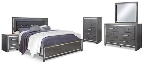 Lodanna Gray King Panel Bedroom Set with Dresser, Mirror, Chest and 2 Nightstands - Ornate Home