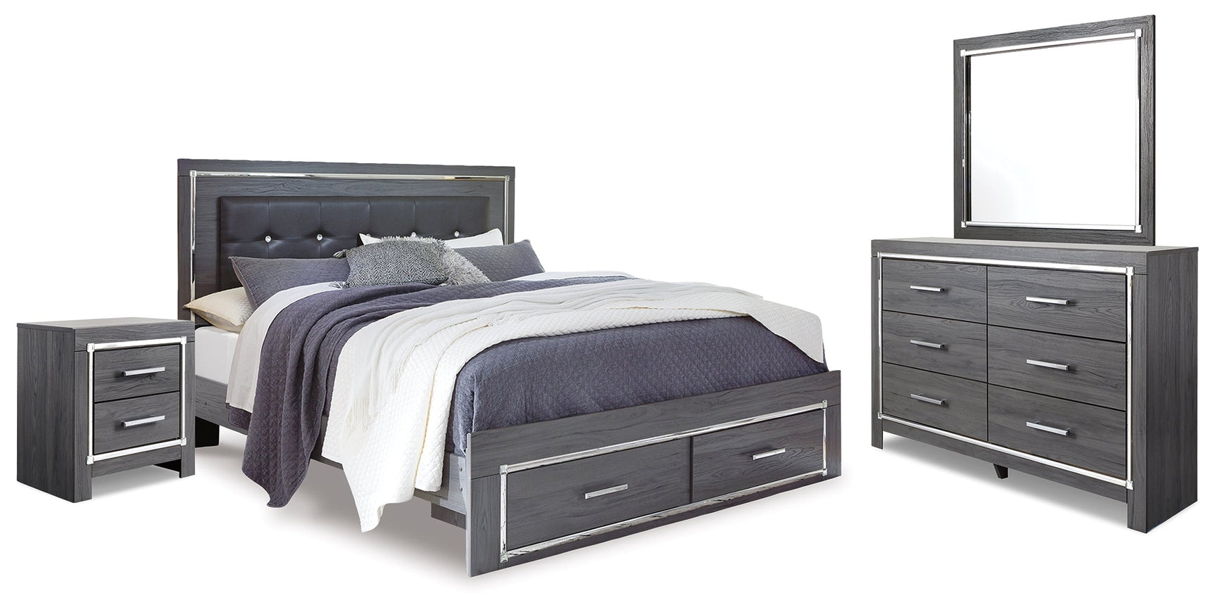 Lodanna Gray King Panel Storage Bedroom Set with Mirrored Dresser and Nightstand - Ornate Home