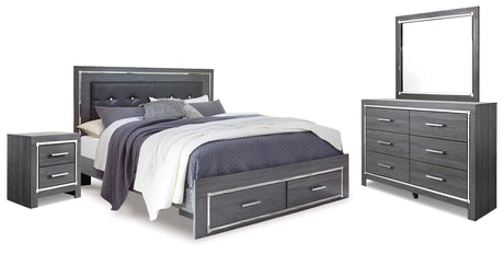 Lodanna Gray King Panel Storage Bedroom Set with Mirrored Dresser and Nightstand - Ornate Home