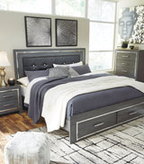 Lodanna Gray King Panel Storage Bedroom Set with Mirrored Dresser and Nightstand - Ornate Home