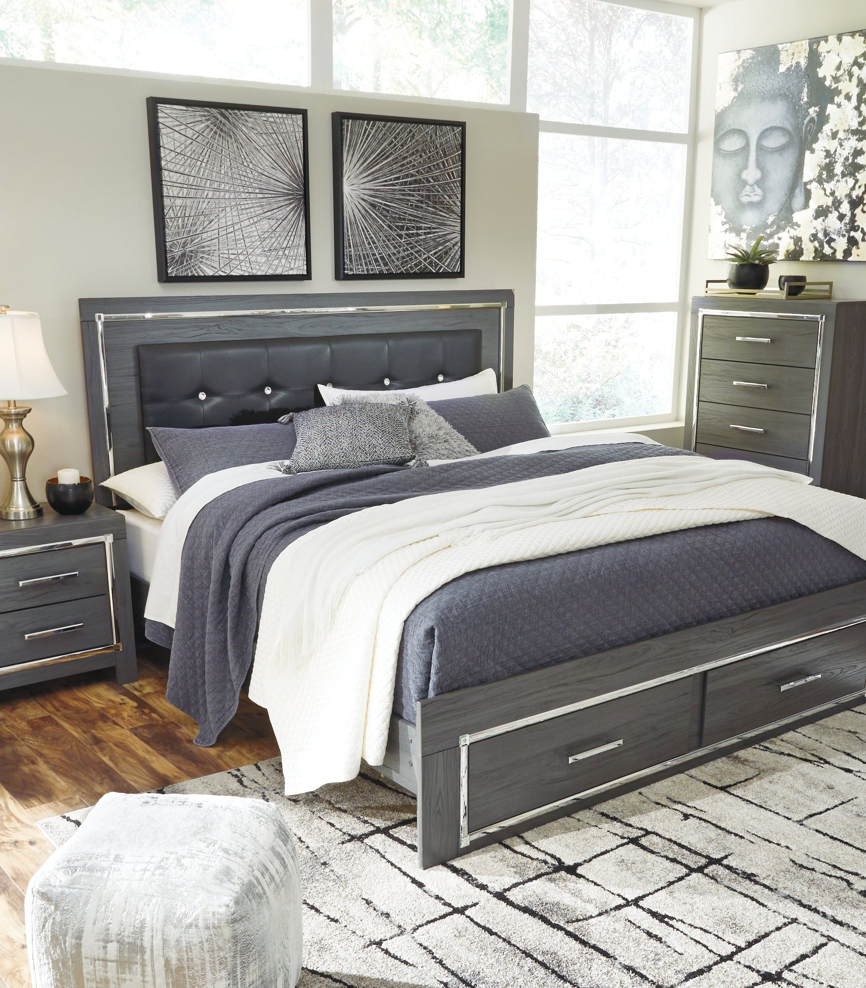 Lodanna Gray King Panel Storage Bedroom Set with Mirrored Dresser and Nightstand - Ornate Home