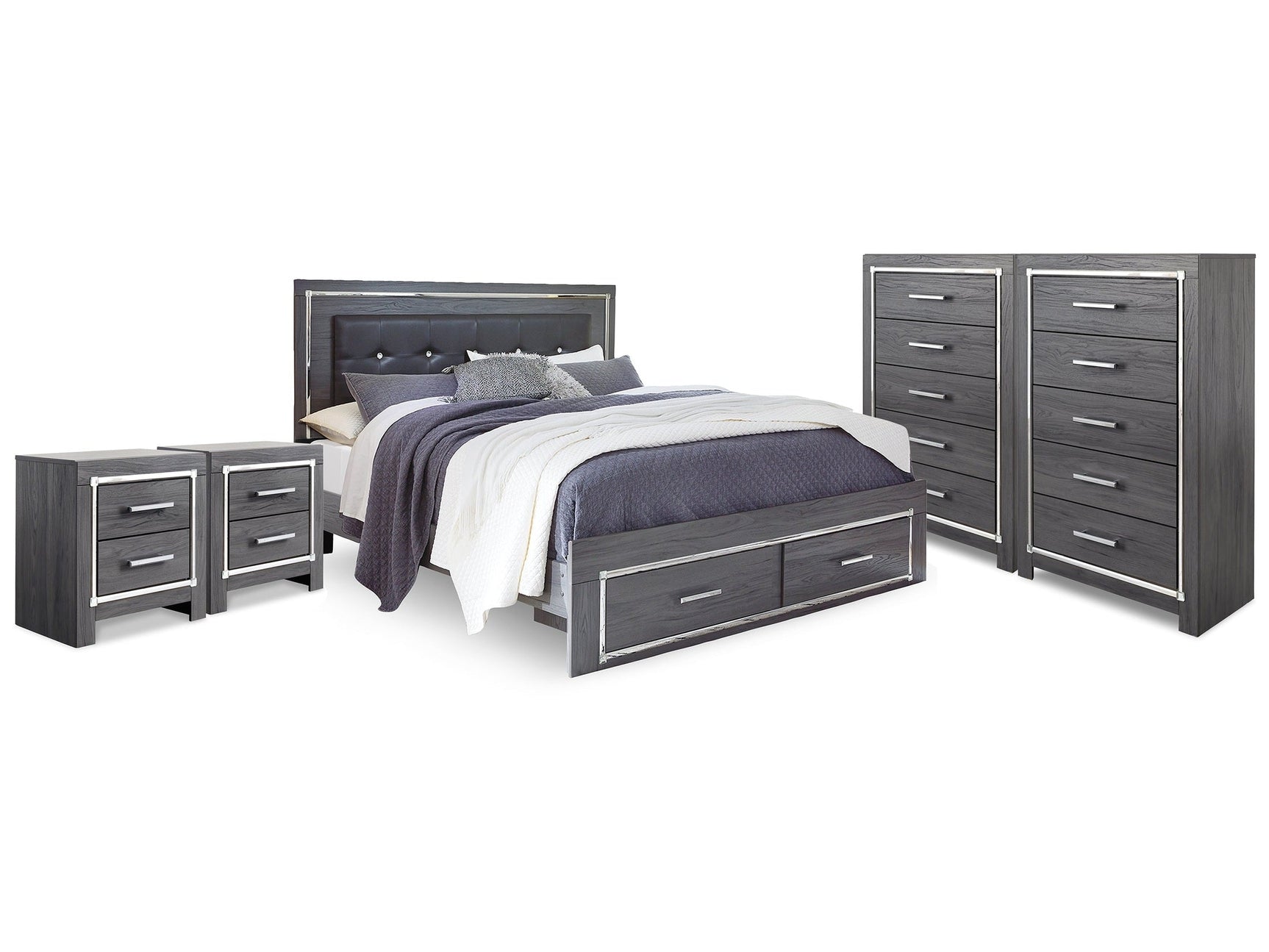 Lodanna Gray King Storage Bedroom Set with 2 Chests and 2 Nightstands (Online Special Price) - Ornate Home